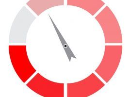 Indicator round red with pointer needle. Index and pointer, arrow indicator, measurement spectrum and power panel. Vector illustration