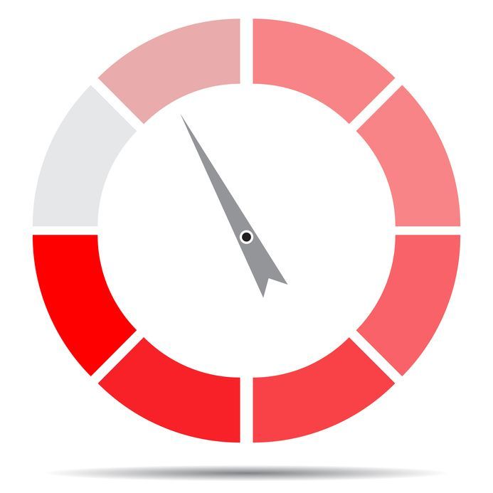 Indicator round red with pointer needle. Index and pointer, arrow indicator, measurement spectrum and power panel. Vector illustration