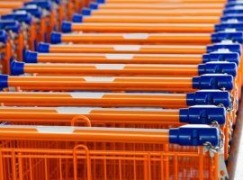Many shopping carts at a supermarket