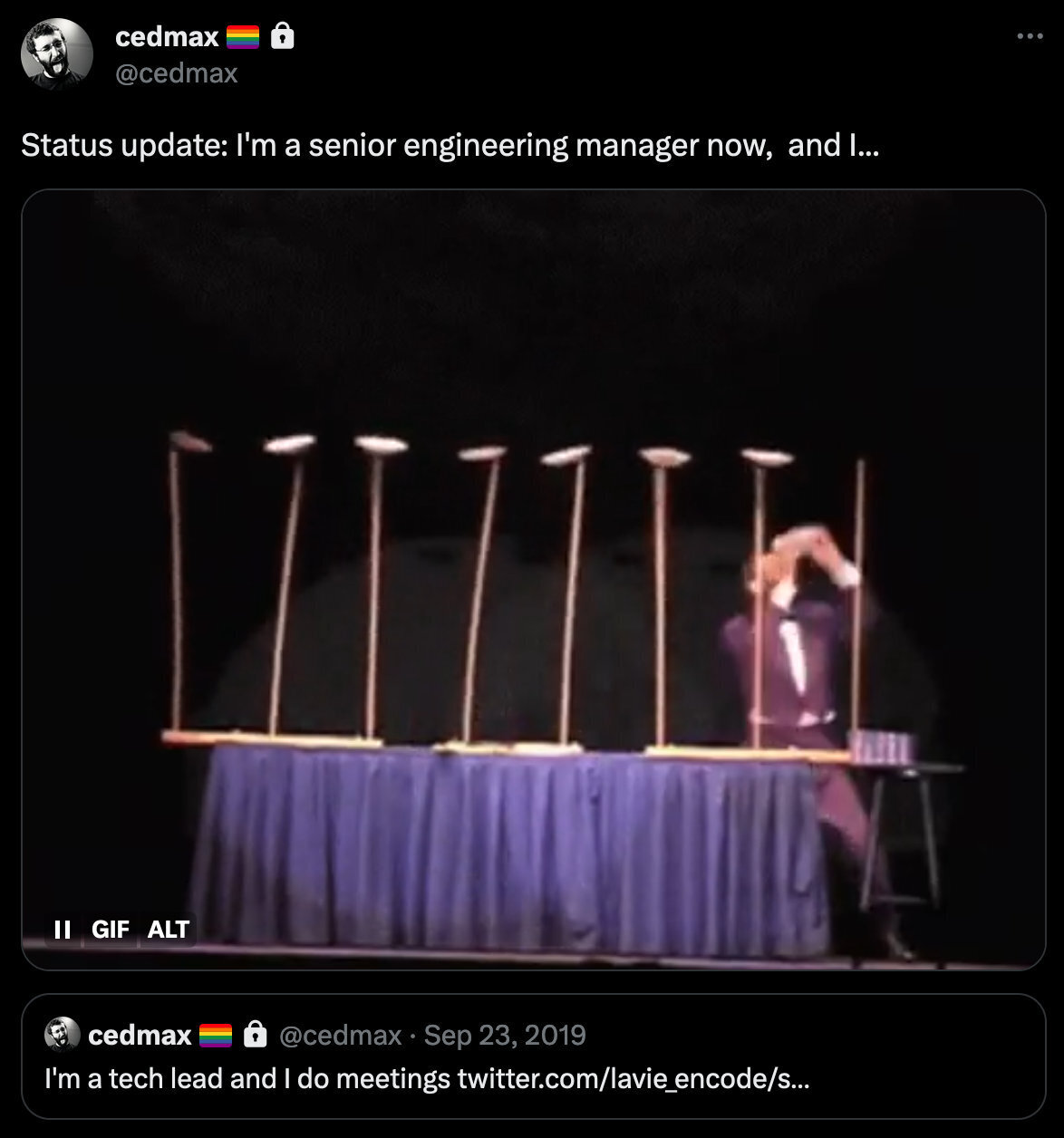 screenshot da twitter: "I'm a senior engineering manager now, and" con una gif di qualcuno che fa il numero da circo di girare una decina di piatti su altrettanti bastoni