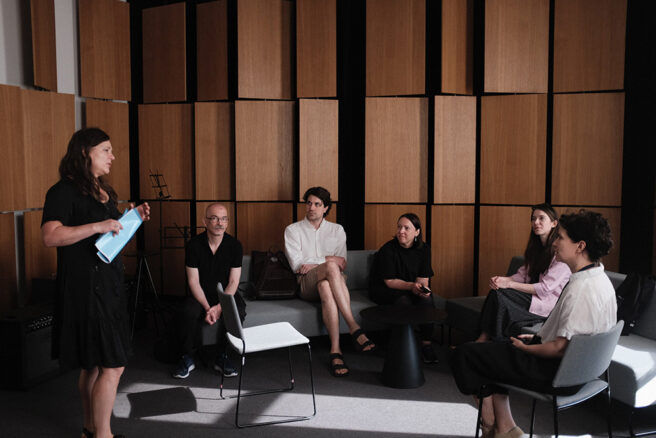 Živilė Časaitė, Head of Music and Visual Arts Unit of the National Library of Lithuania. Seated from the left: Dmitrijs Zinovjevs, Toms Herings, Katrīna Teivāne, Sandra Ķempele (National Library of Latvia), Asta Bielinskienė (National Library of Lithuania). Photo: Līga Goldberga