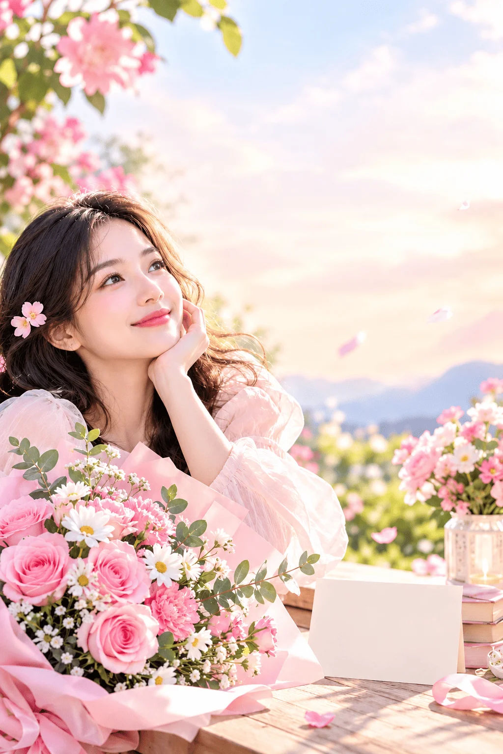 Khung cảnh vườn hoa hồng pastel thơ mộng, tôn vinh vẻ đẹp người phụ nữ