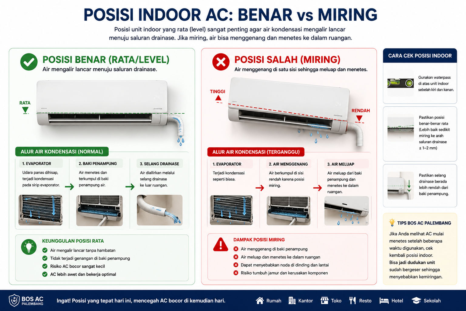 Perbedaan posisi indoor AC yang benar dan miring