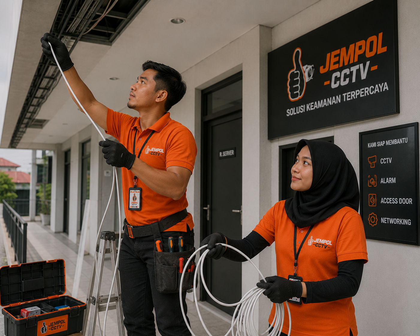 Penarikan kabel CCTV oleh teknisi Jempol CCTV Lahat