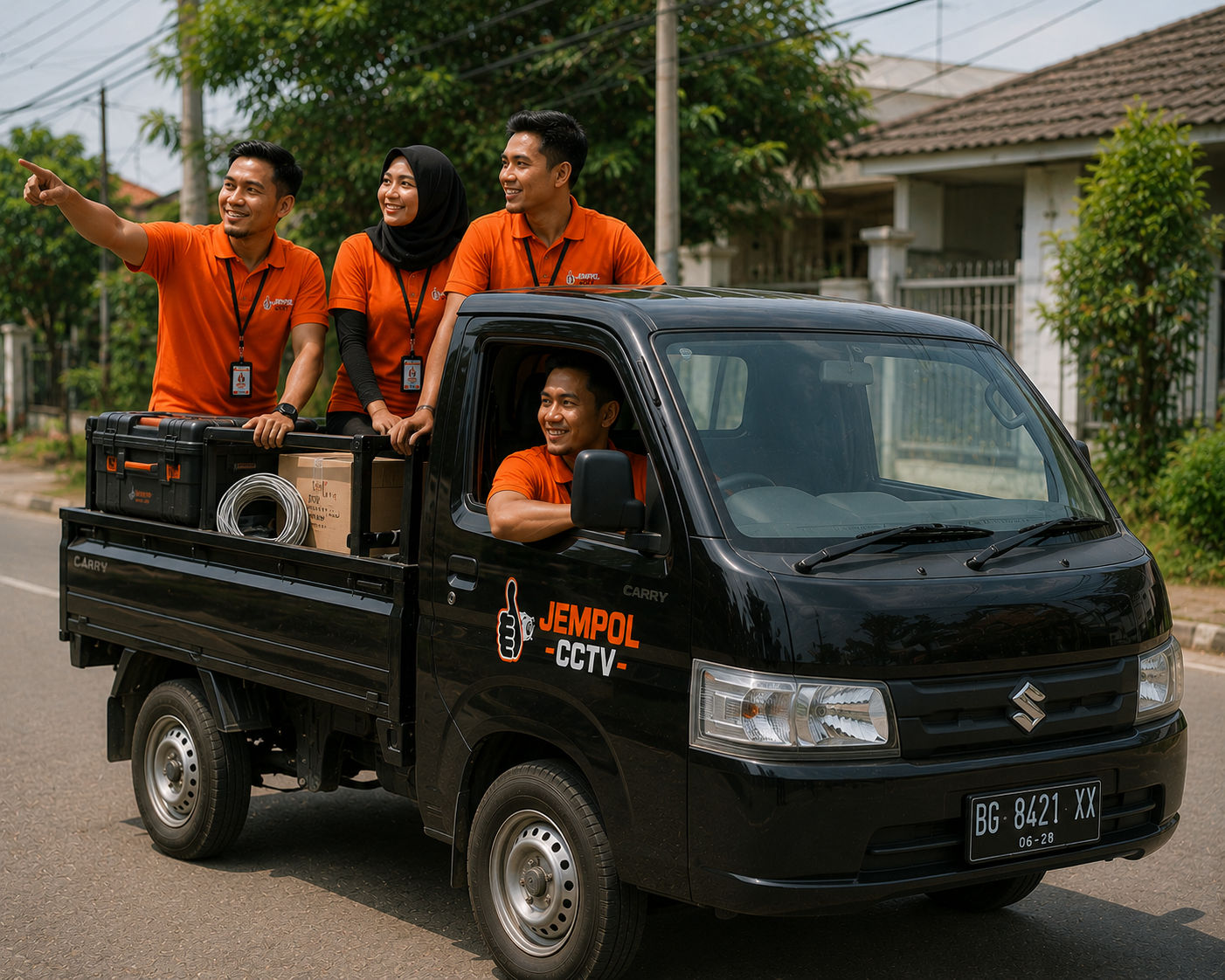 Tim teknisi Jempol CCTV Lahat menuju lokasi pemasangan CCTV
