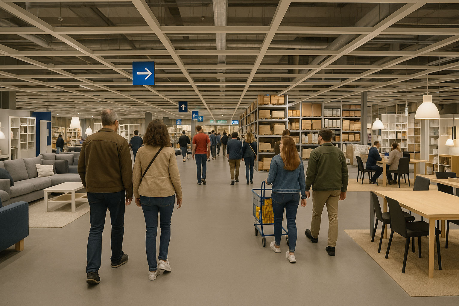 Människor går omkring i ett möbelvaruhus
