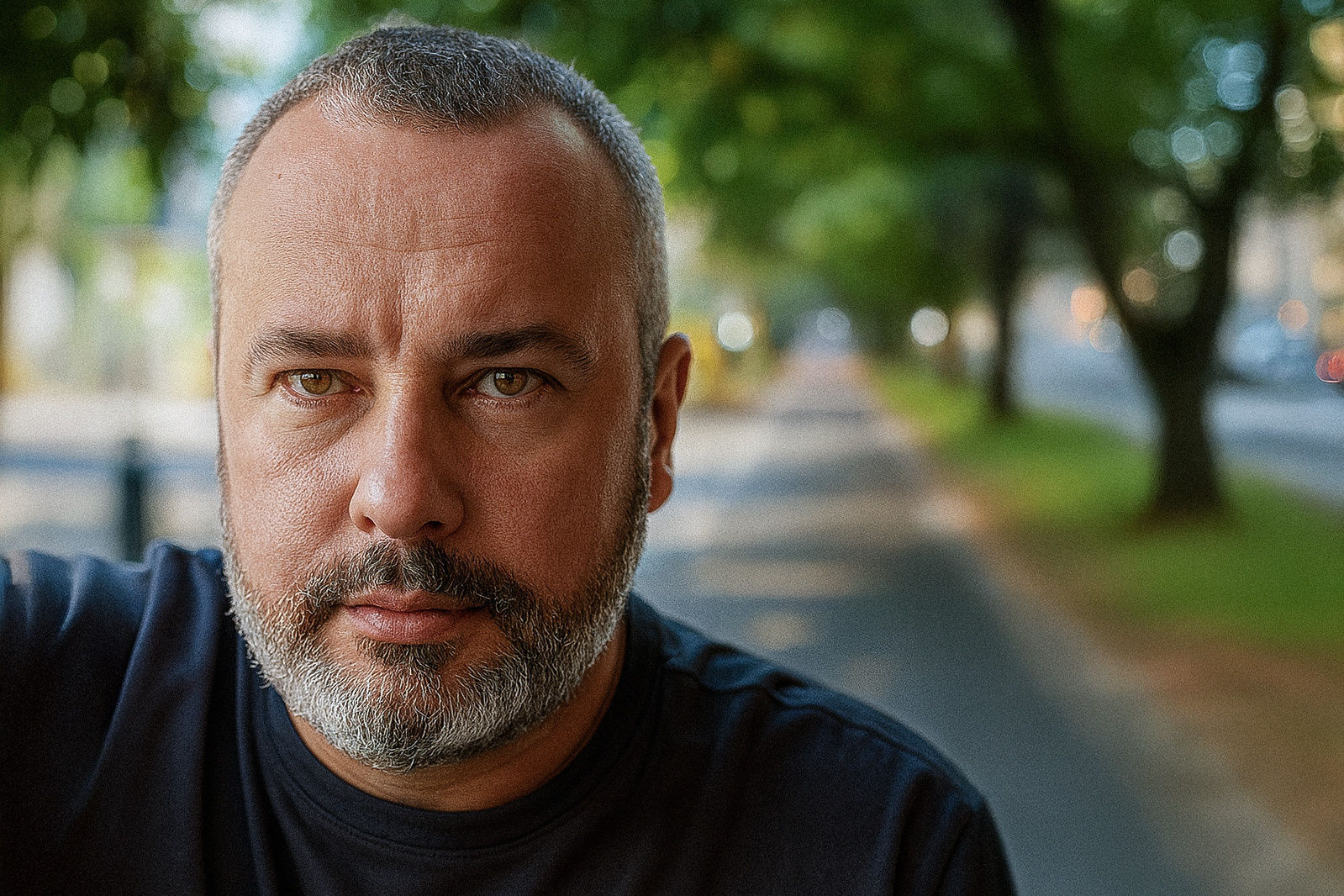 A landscape portrait picture of Silviu Jureschi, with a blurred background of streets and trees.