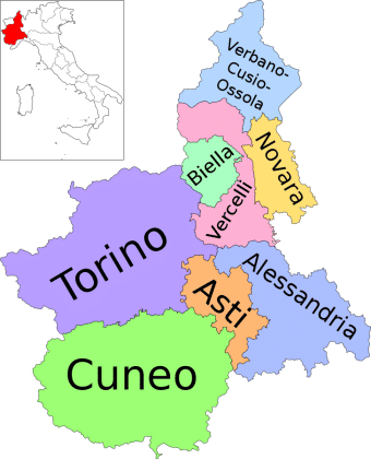 Mapa de la provincia de Asti en Piamonte