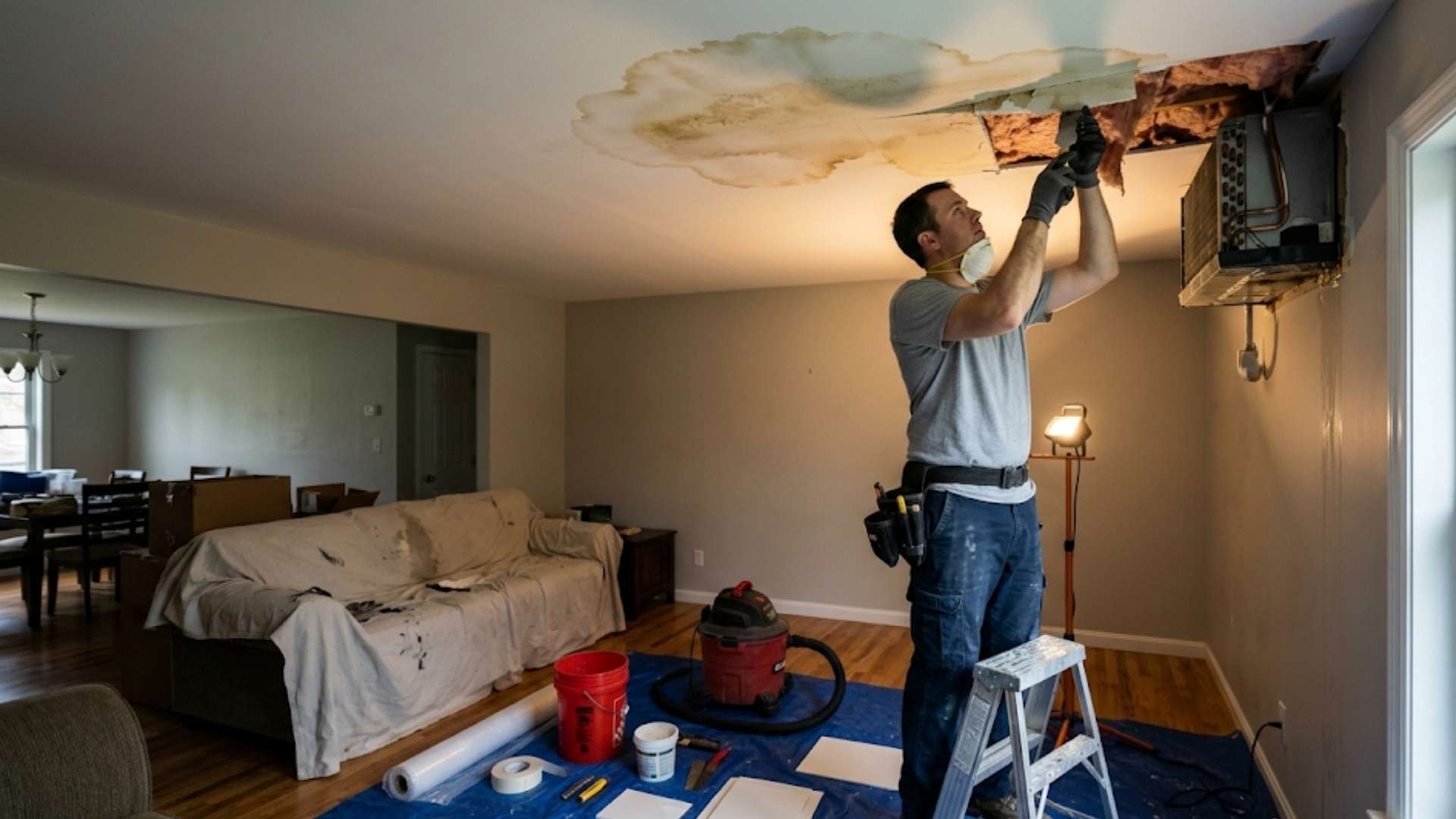 AC Drip Pan Overflow Causing Ceiling Damage in Erwin, SD