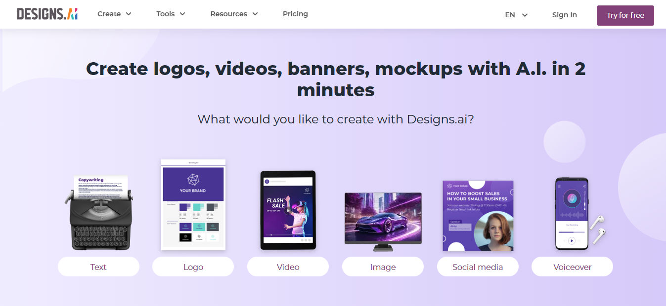 The homepage of AI packaging software, designs.ai