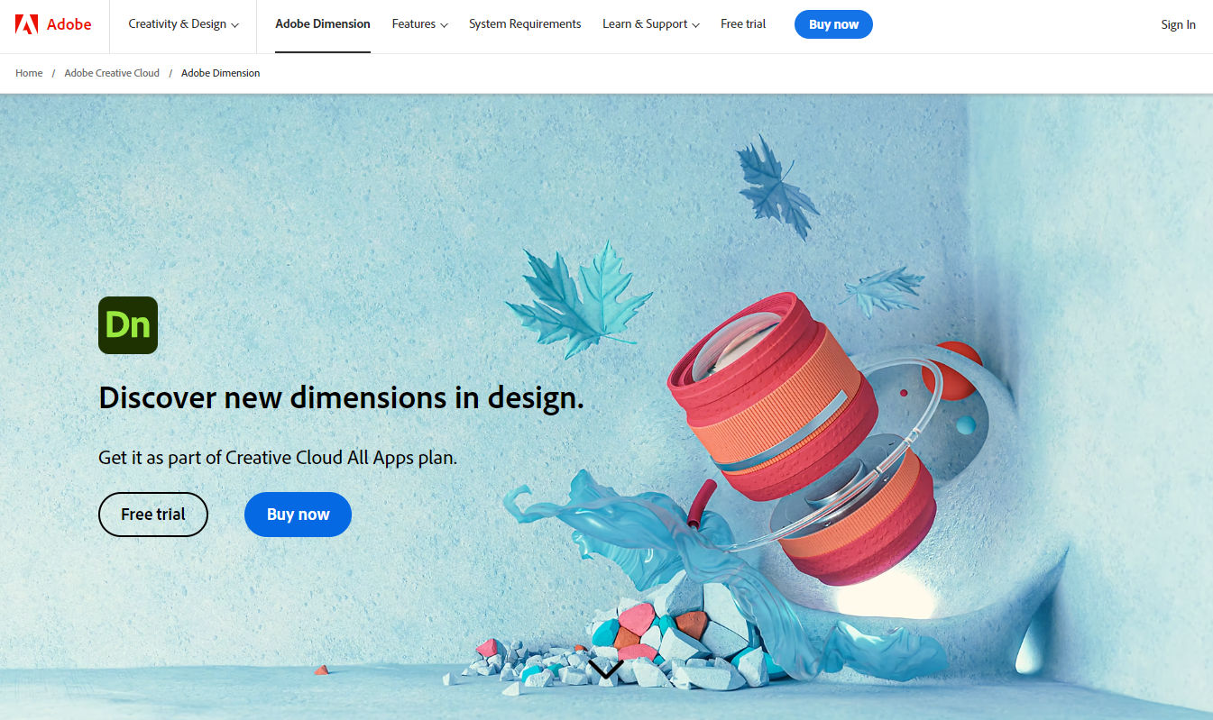 The website for AI packaging software, Adobe Dimension
