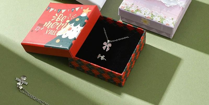 Red box with Christmas pattern and necklace