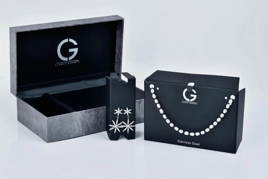 Dark luxury boxes with earrings and necklace