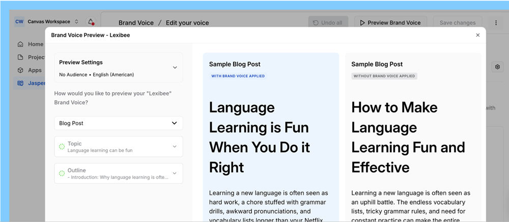 Jasper AI’s brand voice preview for blog post
