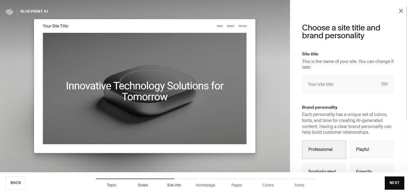 Squarespace Blueprint’s setup screen showing the prompt to generate a website