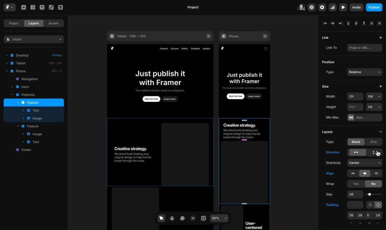 Framer in dark mode displaying desktop and mobile page previews 
