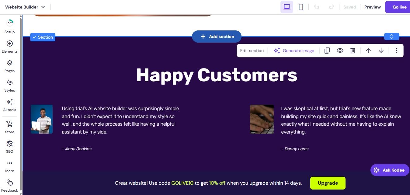 Hostinger’s AI website builder editor showing a testimonial section