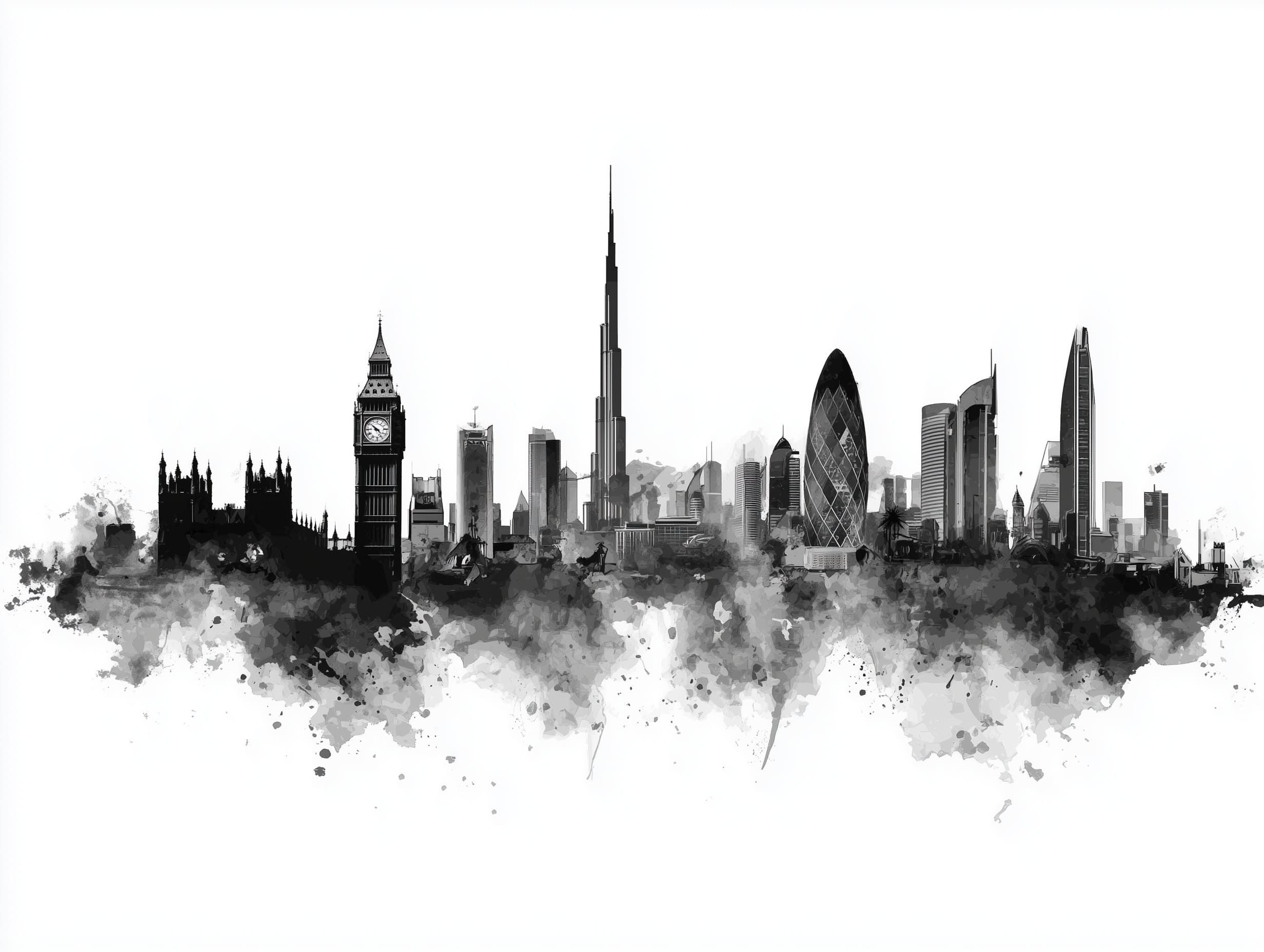 AI-generated image featuring a silhouette of skyscraper towers in watercolor style