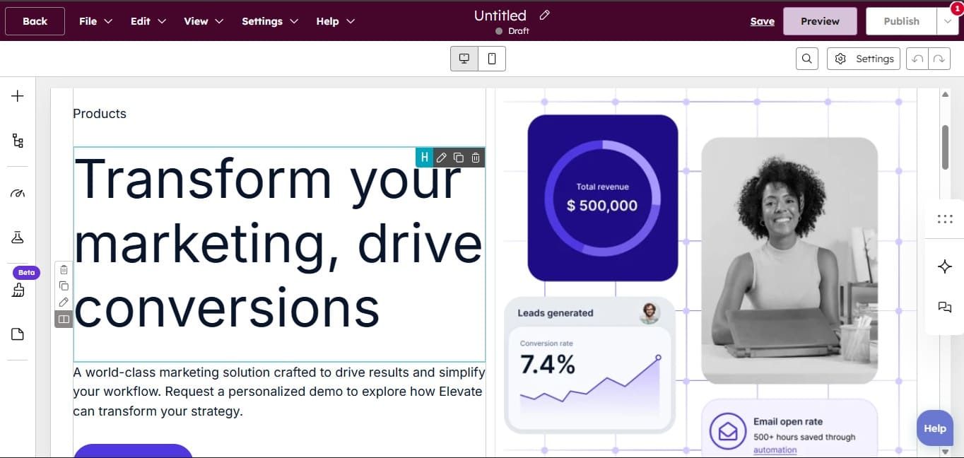 HubSpot AI landing page builder interface