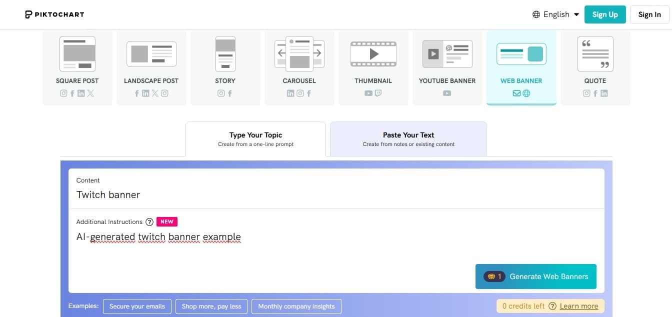 Piktochart AI graphic maker interface