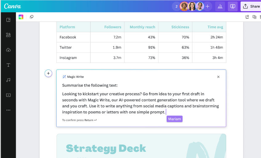 Canva Magic Write summarizing text content