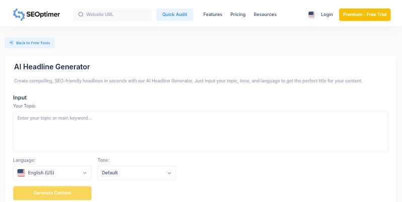 SEOptimer AI Headline Generator Homepage