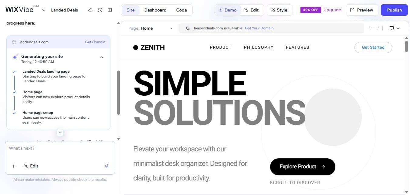 Wix Vibe ADI editor interface