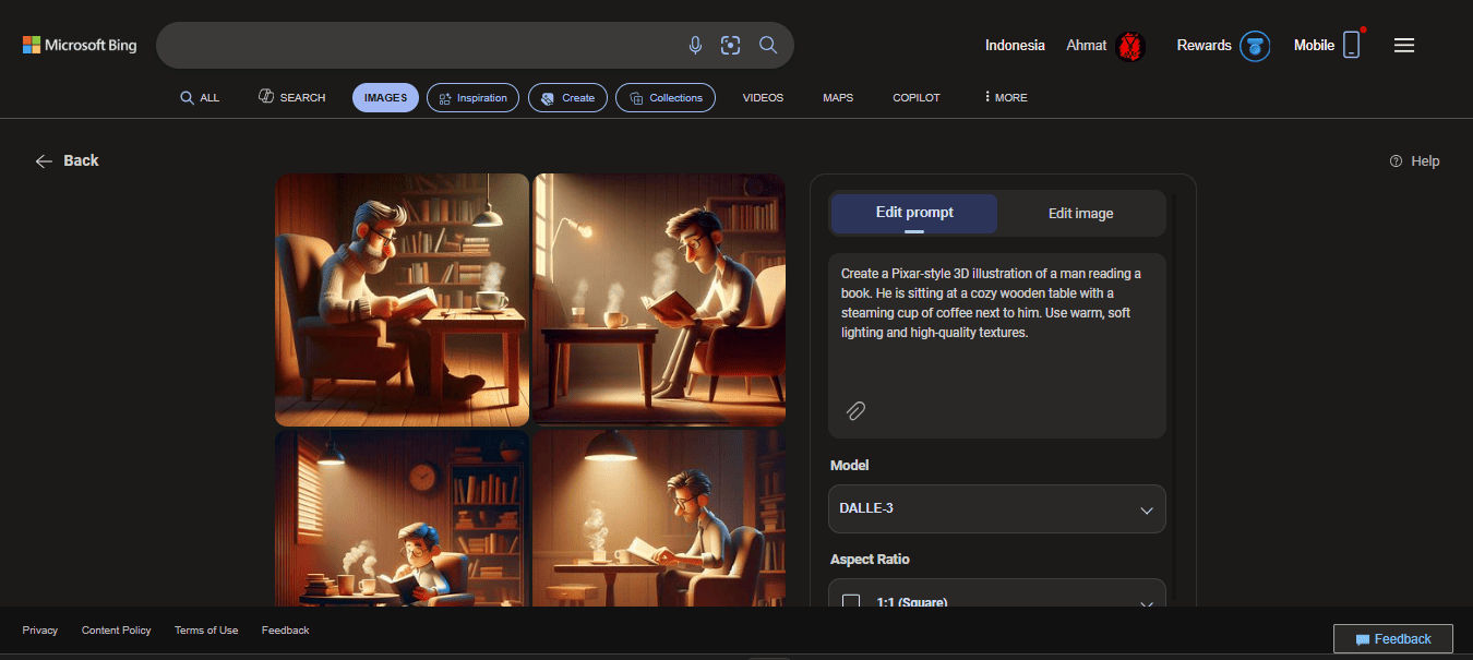 A four-pane collage of 3D Pixar-style illustrations by Bing