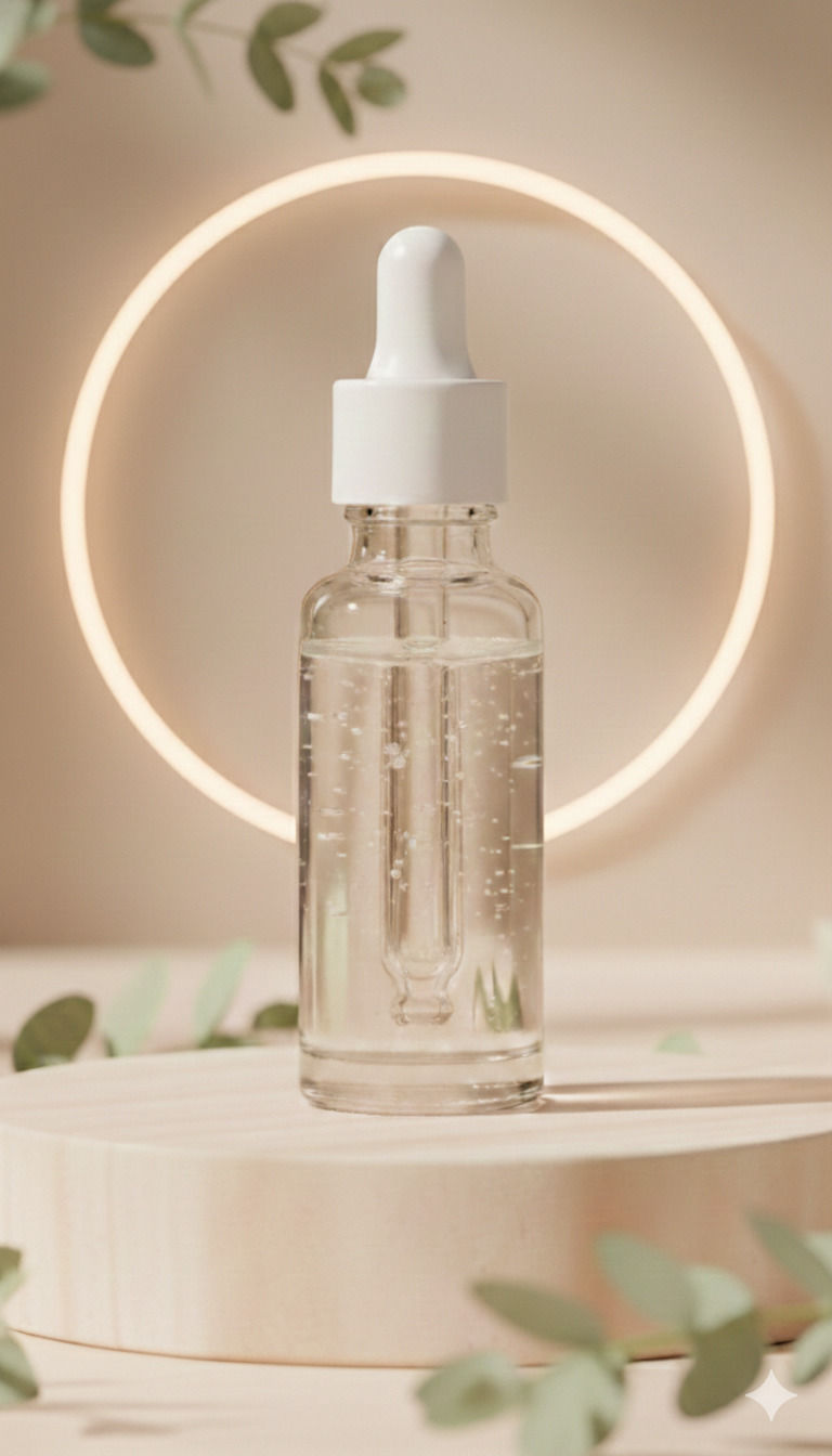 A serum bottle on a pedestal with a subtle glowing circular rim light behind