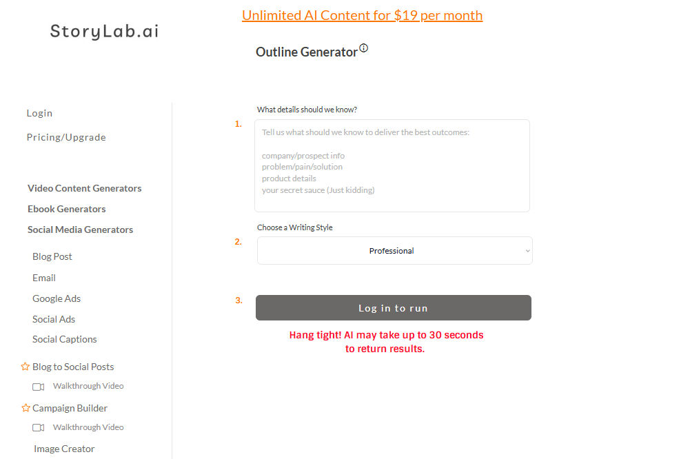 StoryLab.ai’s outline generator