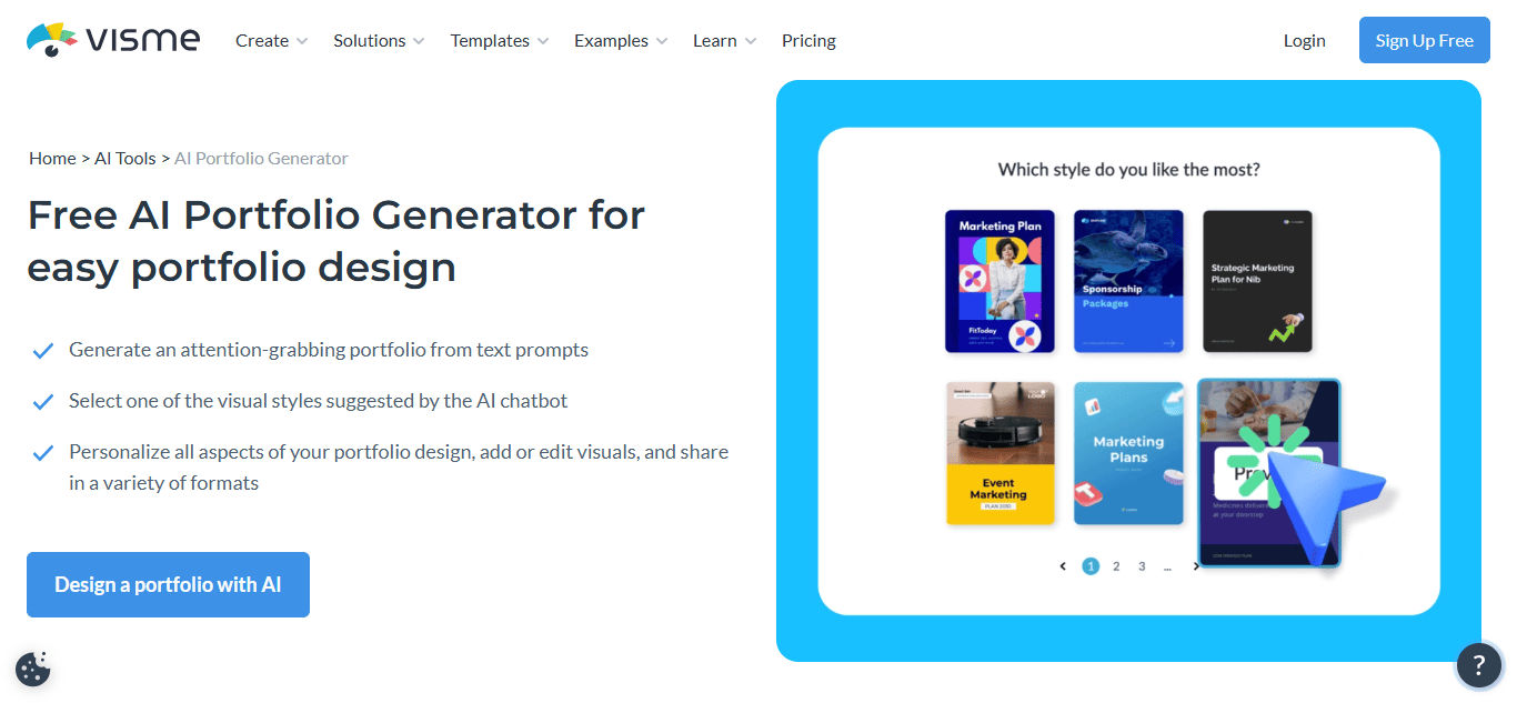 Visme AI portfolio generator interface 