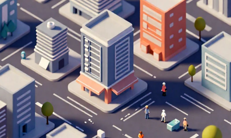 A cityscape image in isometric style