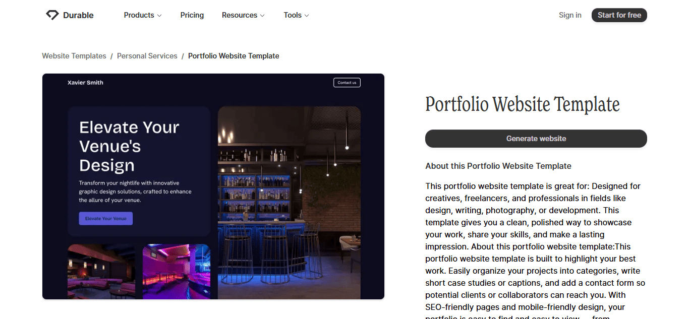 Durable AI portfolio template preview
