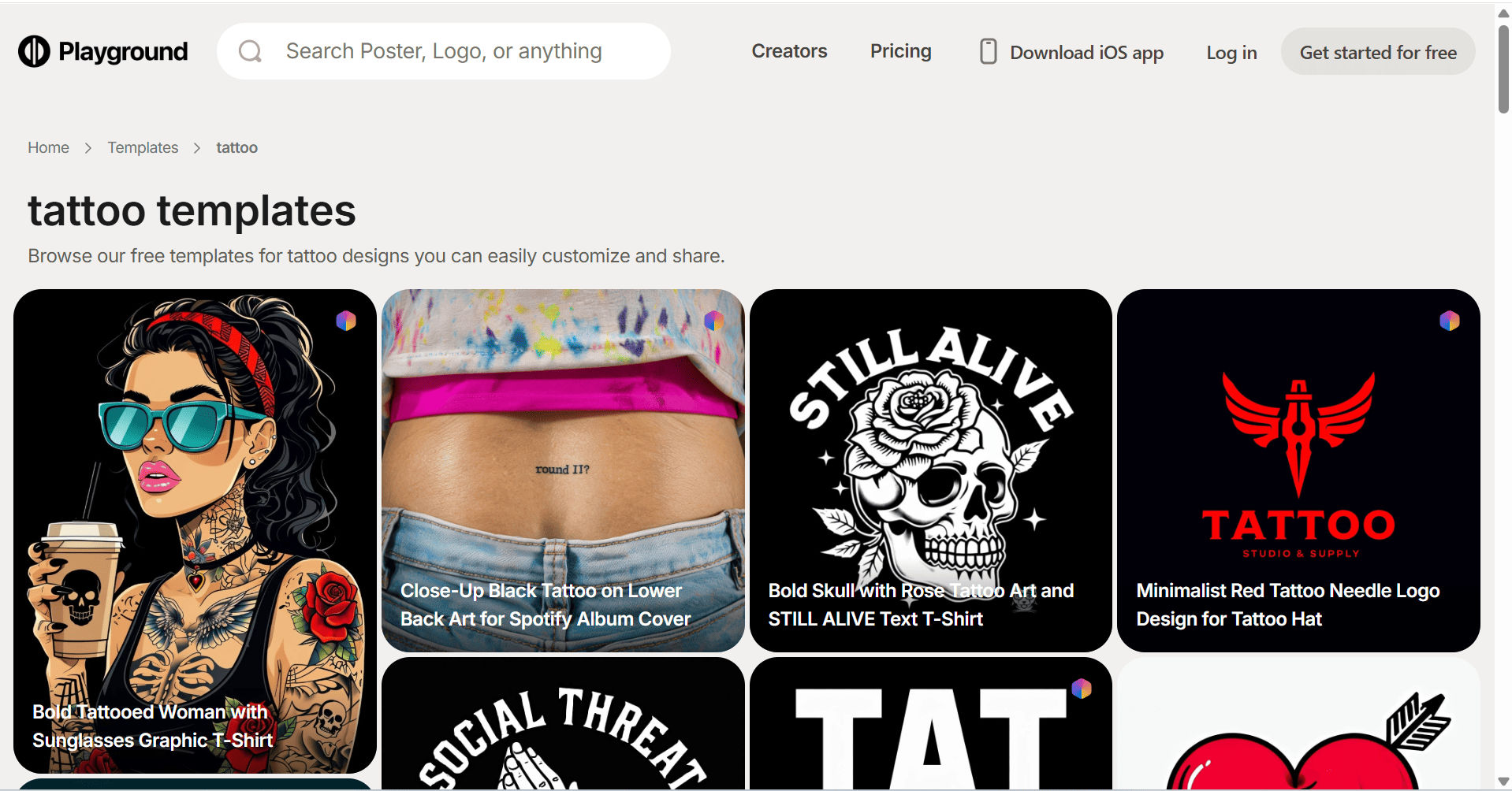 Playground AI displaying a gallery of prompt-based image generation for tattoo concepts 