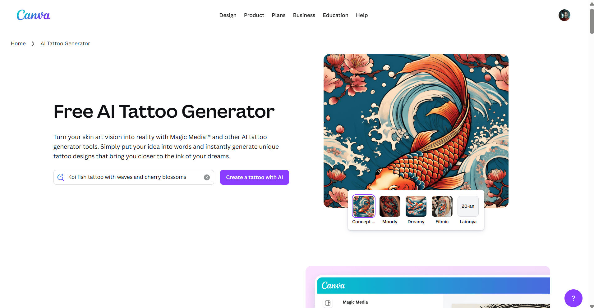 Canva AI tattoo generator homepage