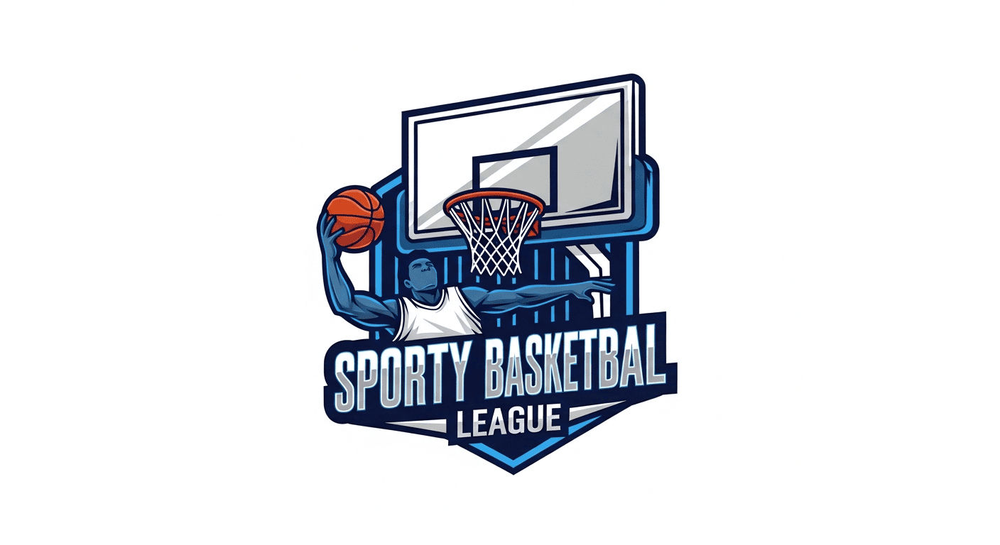 Blue-white basketball logo with dunking player