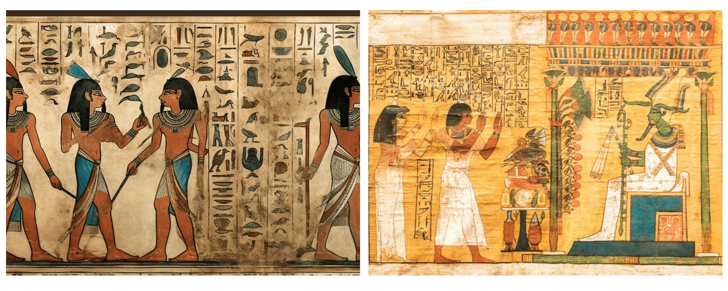 A side-by-side comparison of two ancient Egyptian papyrus scroll illustrations