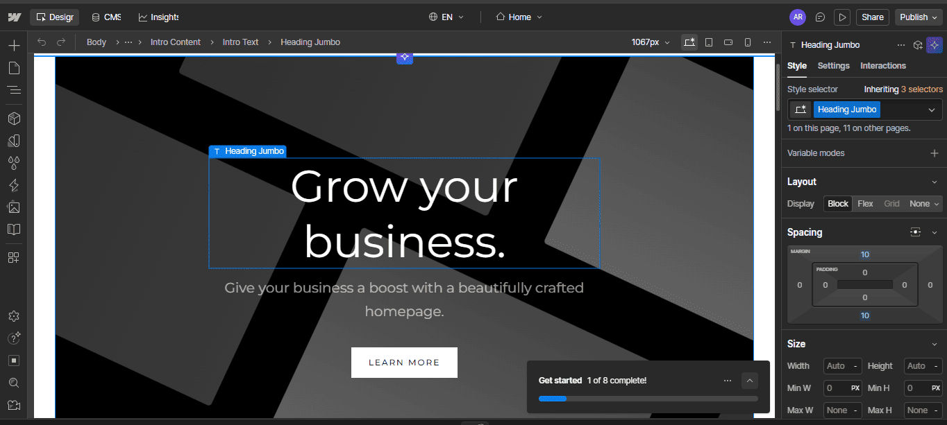 Webflow designer interface showing a website being edited