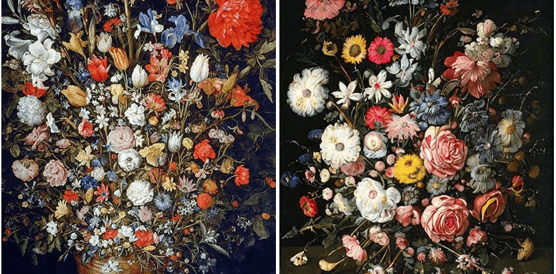 An AI art vs human art comparison of two floral still-life paintings.