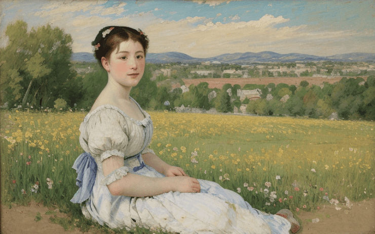 A classical-style painting of a young woman in a white dress