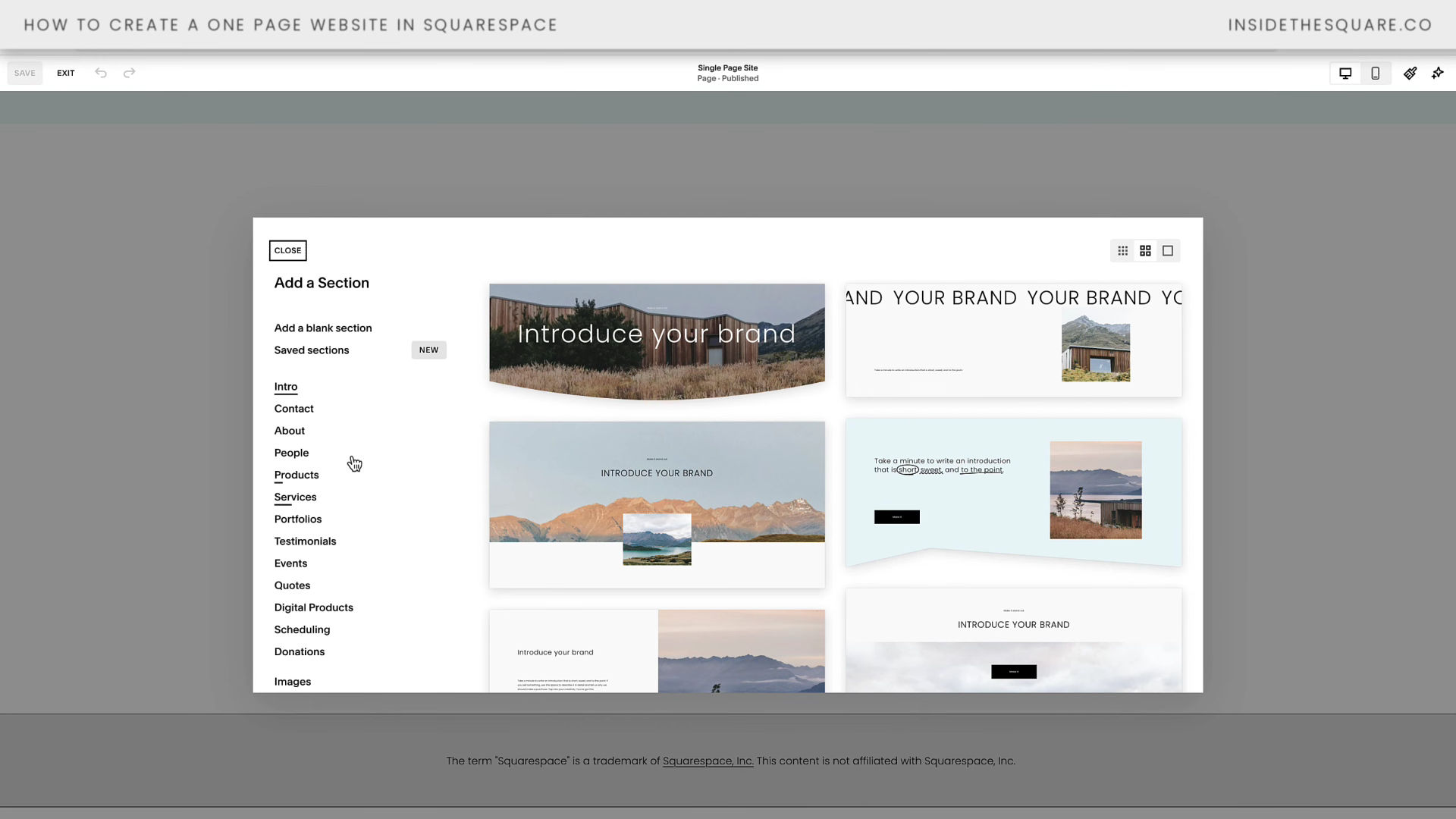 Editing page in Squarespace