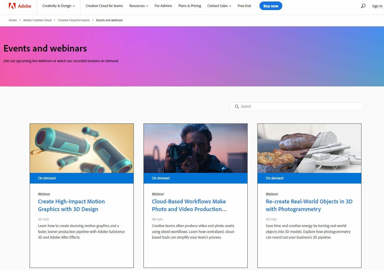 Adobe events page showcasing educational design webinars