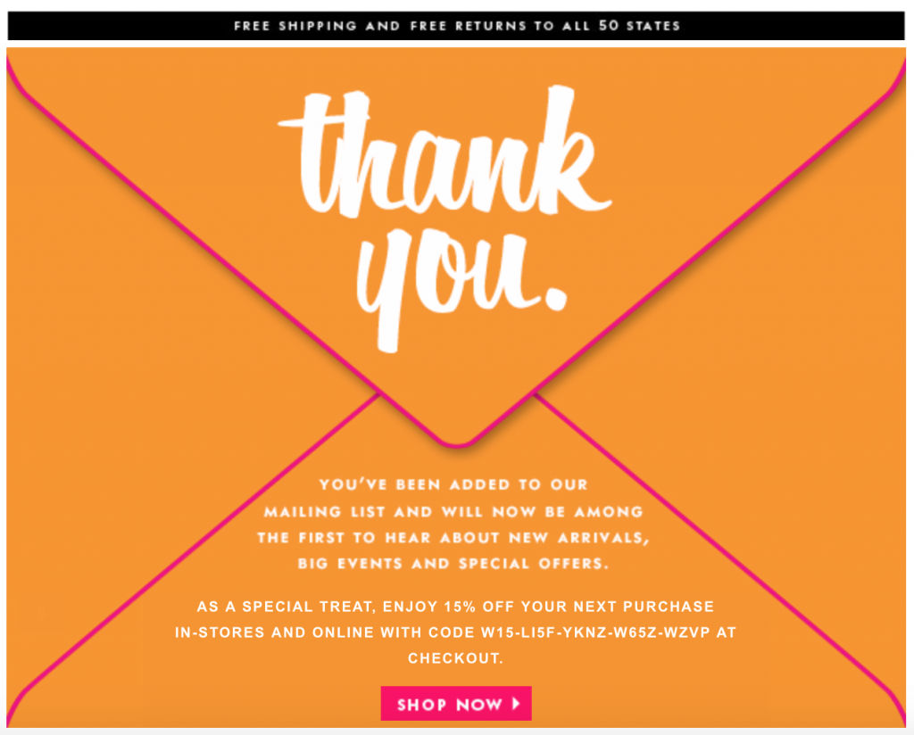 Kate Spade welcome email with subscriber discount