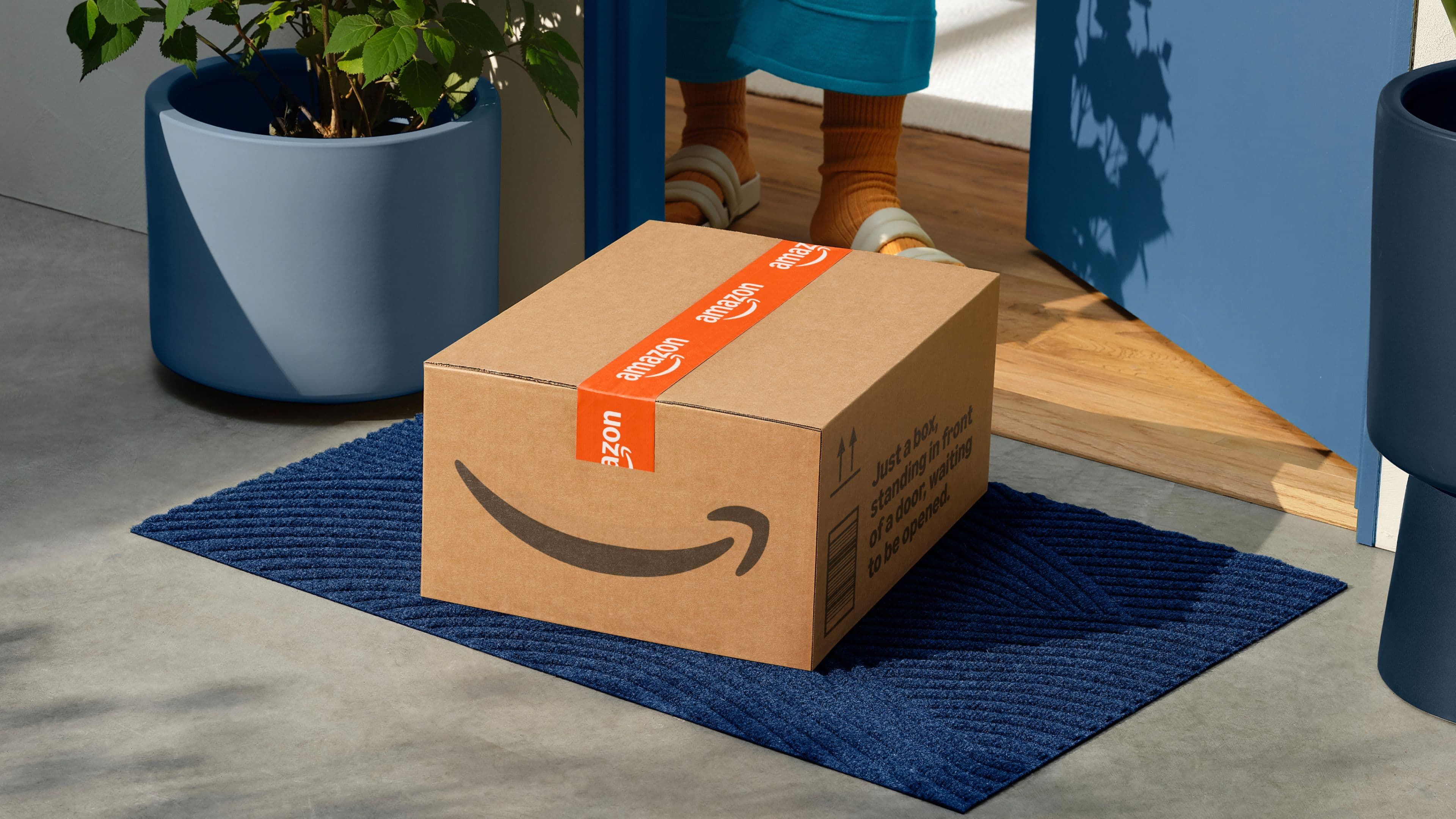 Amazon logo on carton package and the tape