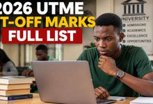 ALT TEXT: Nigerian student checking 2026 UTME cut-off marks on a laptop