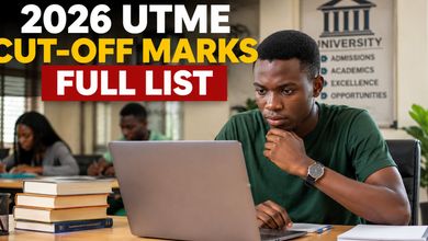 ALT TEXT: Nigerian student checking 2026 UTME cut-off marks on a laptop