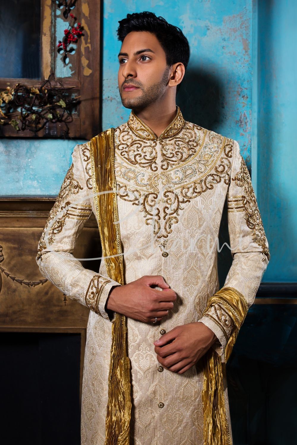 Gold Brocade Indian Fusion Maharaja Sherwani, Grooms Wear, London UK