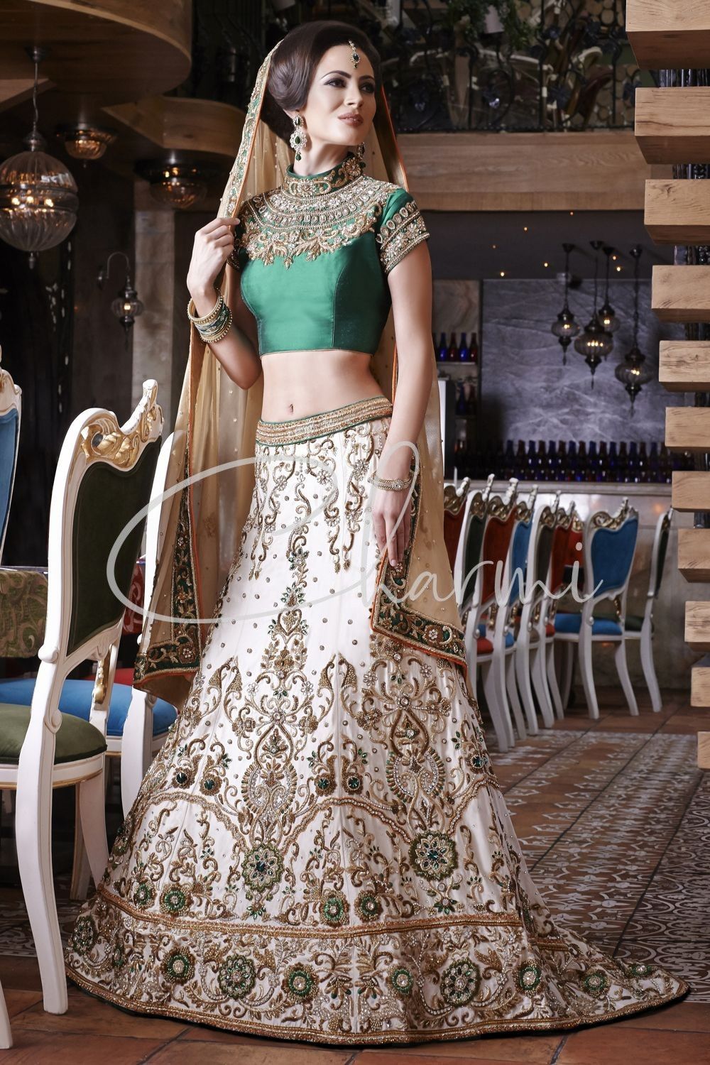 Emerald Green And Ivory Fusion Wedding Wear Bridal Lehengas Couture London Uk 