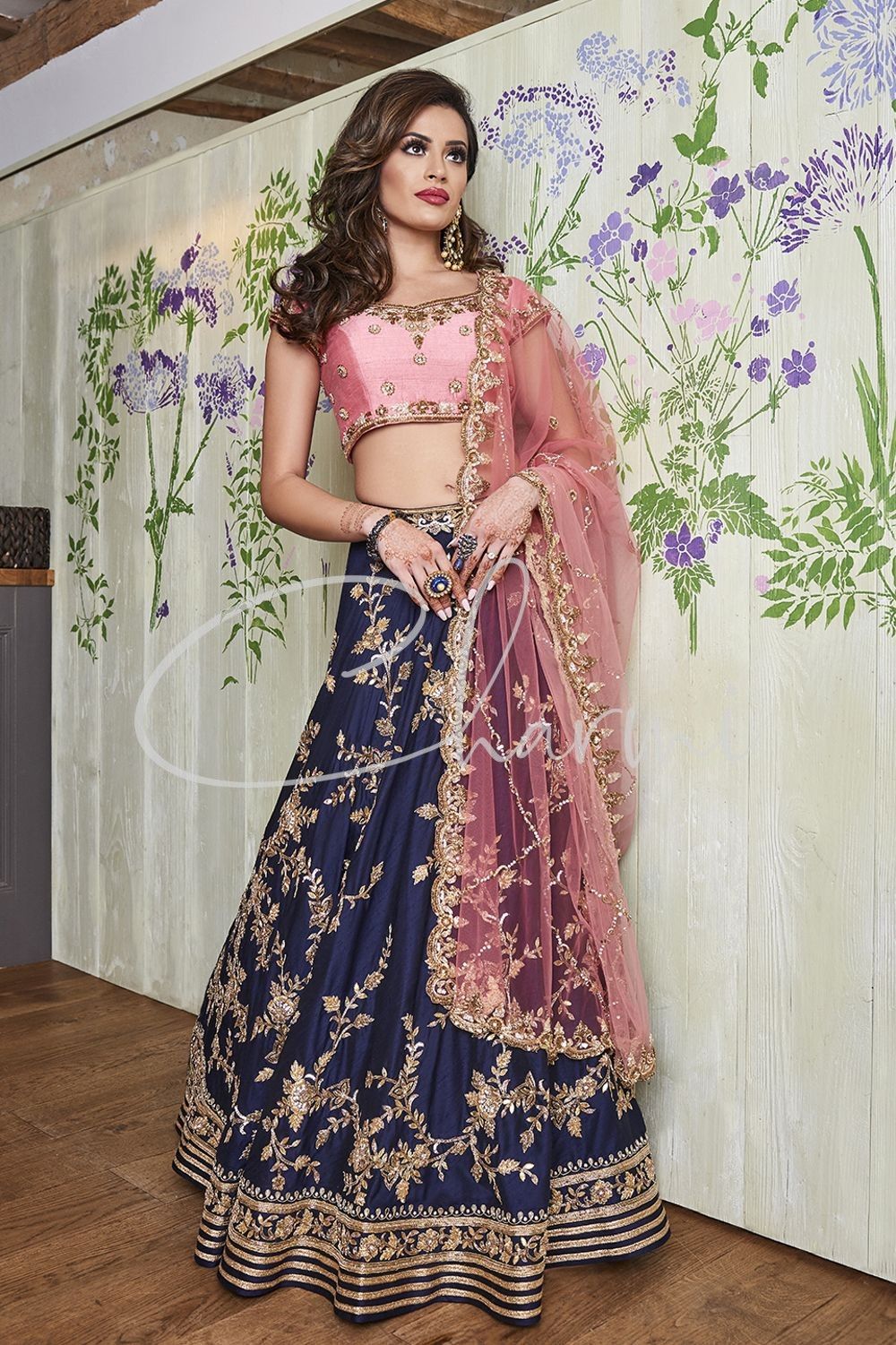 Navy Blue And Pink Party Wear Outfit, Bridal Lehengas, Diamond, London, UK