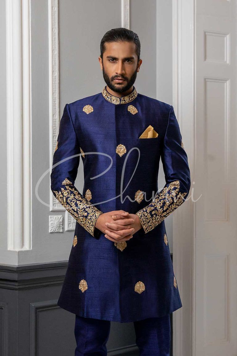 IVORY BROCADE SILK SHERWANI - IG06 - Charmi Creations